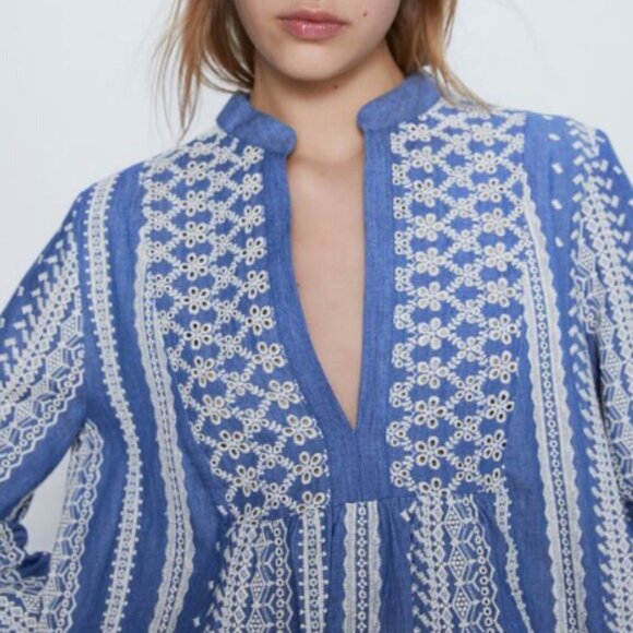 Zara Chambray Denim Eyelet Long Sleeve Smock Dress Sz S - Picture 3 of 13